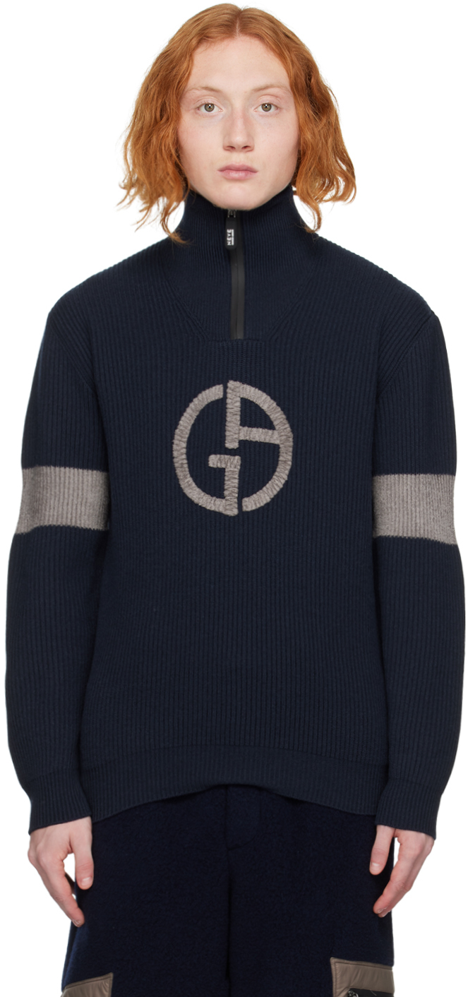 Giorgio Armani Navy Zip Sweater In Blue