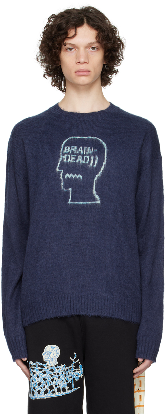 Brain Dead: Navy Logohead Pile Sweater | SSENSE UK