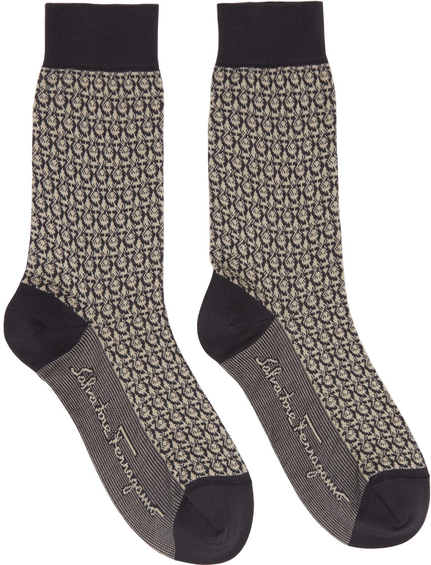 Salvatore Ferragamo Gray & Off-White Gancini Jacquard Socks