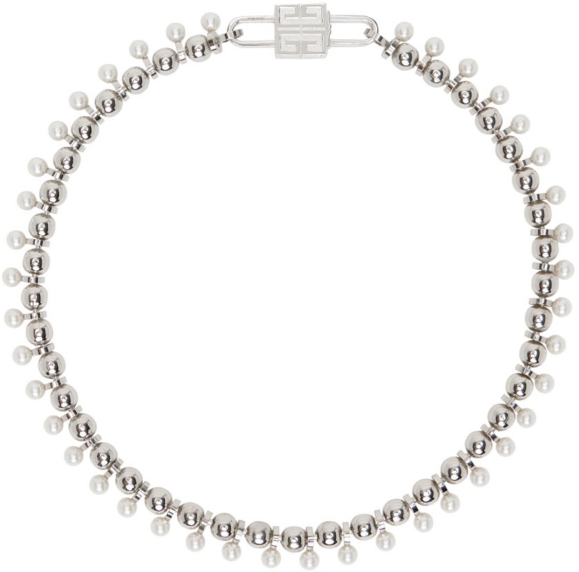 Givenchy: Silver 4G Pearl Necklace | SSENSE