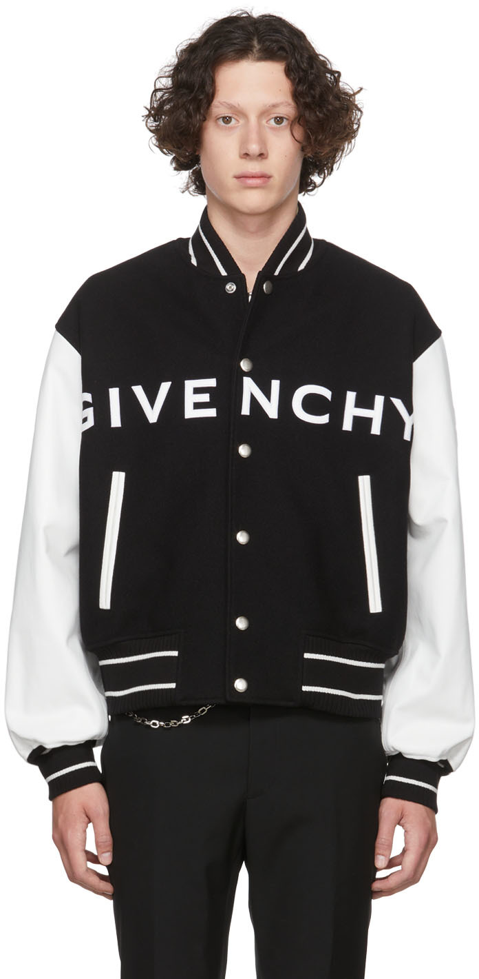 Shop Givenchy Black & White Wool Bomber Jacket In 004 Black/white