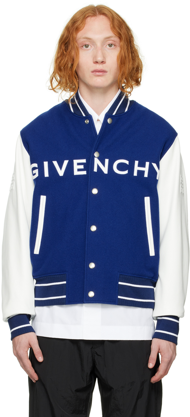 Shop Givenchy Blue Virgin Wool Bomber Jacket In 114 White/blue