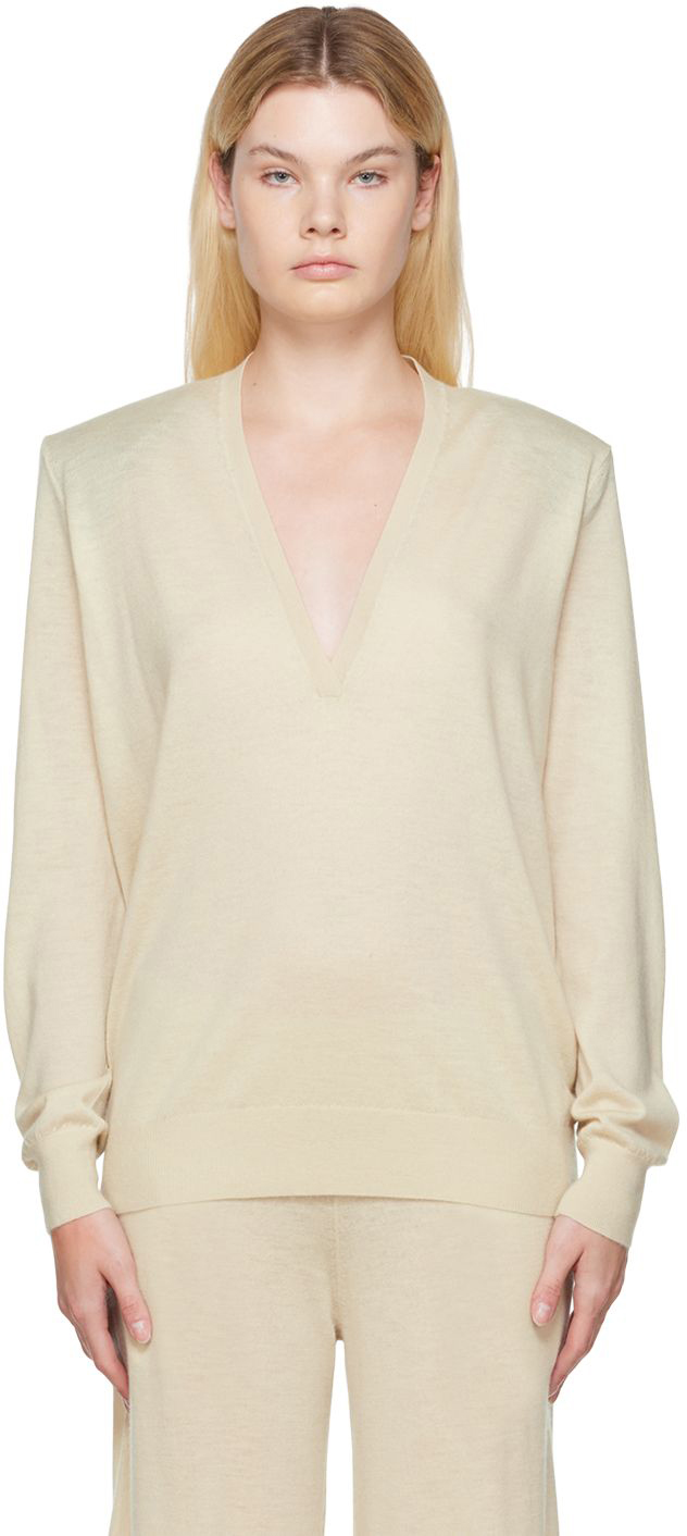 Frenckenberger Off-white Johnny Deep V Sweater In 6 Chalk