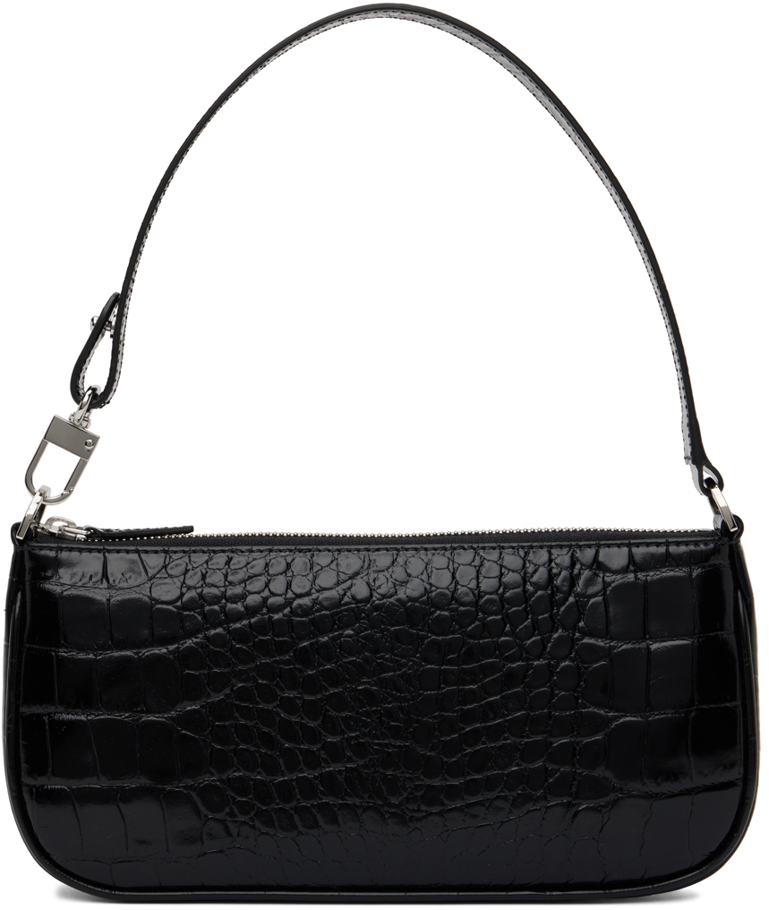 BY FAR: Black Croc Rachel Shoulder Bag | SSENSE Canada