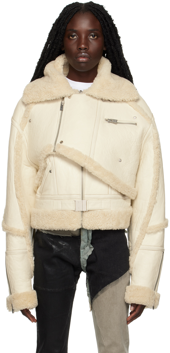 White Allied Shearling Jacket by HELIOT on Sale