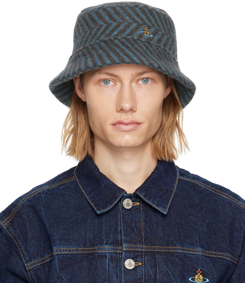Vivienne Westwood: Gray & Blue Striped Bucket Hat | SSENSE Canada