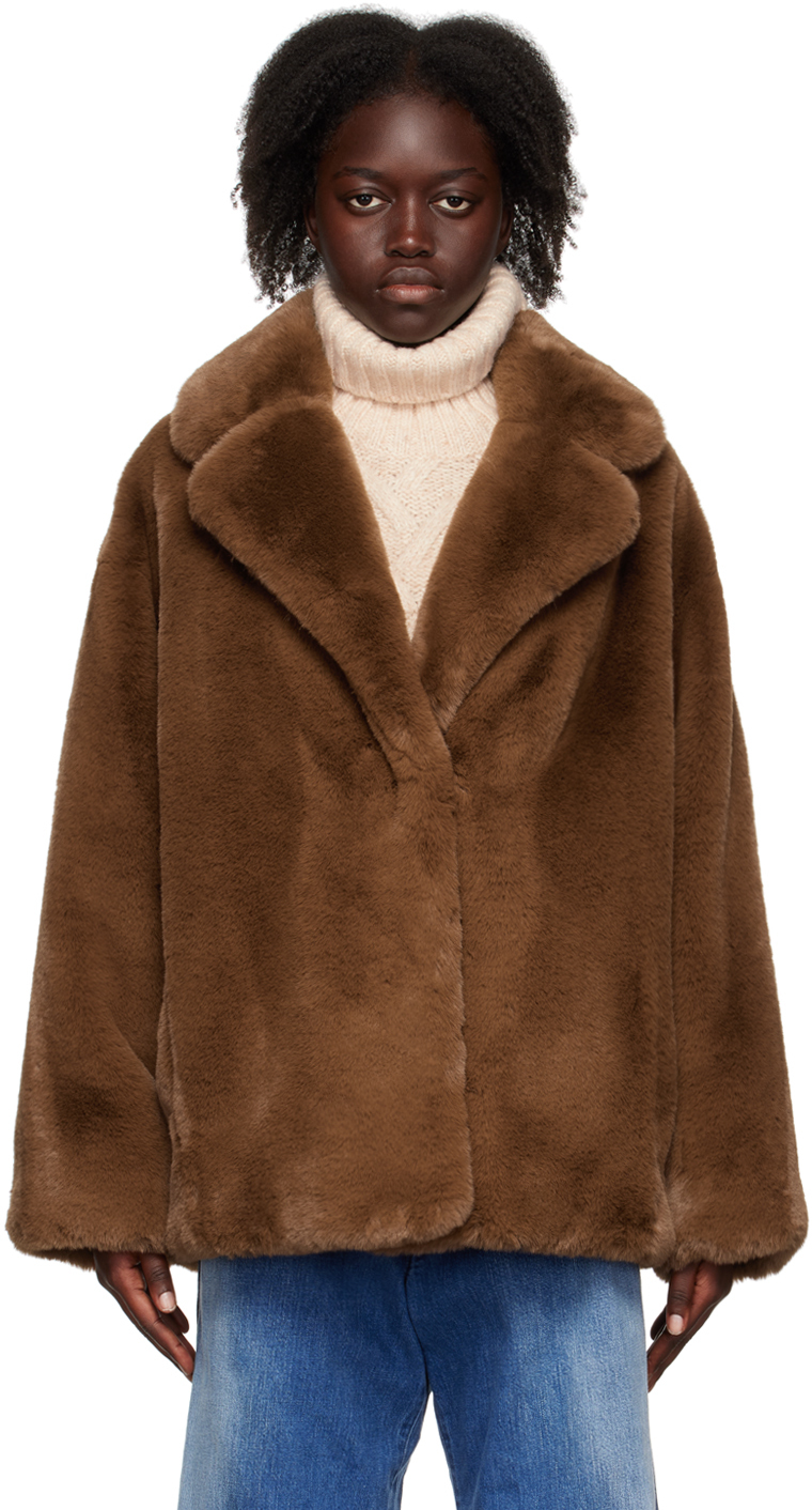 Stand Studio Savannah Lush Faux Fur Jacket in Brown Womens Clothing Jackets Fur jackets 