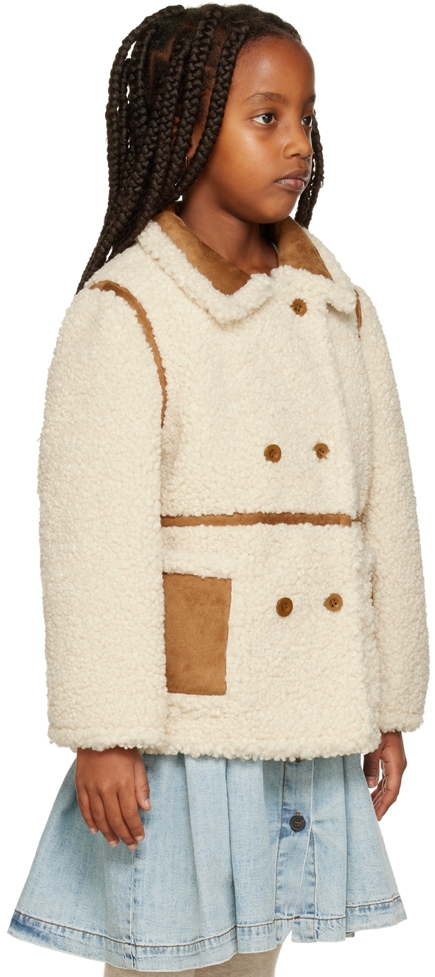 Stand Studio Kids' Chloe Double Breasted Faux Shearling Jacket In Off White/tan