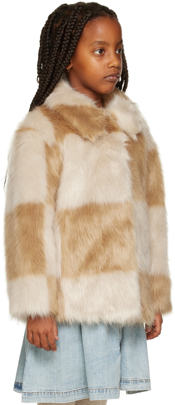 Stand Studio Kids Beige Nani Faux-fur Jacket In Ecru/beige Med Check