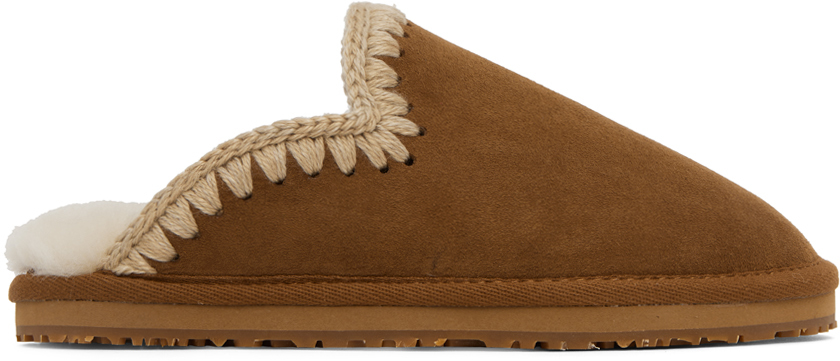 Shop Mou Brown Stitch Slippers In Cog Cognac Suede