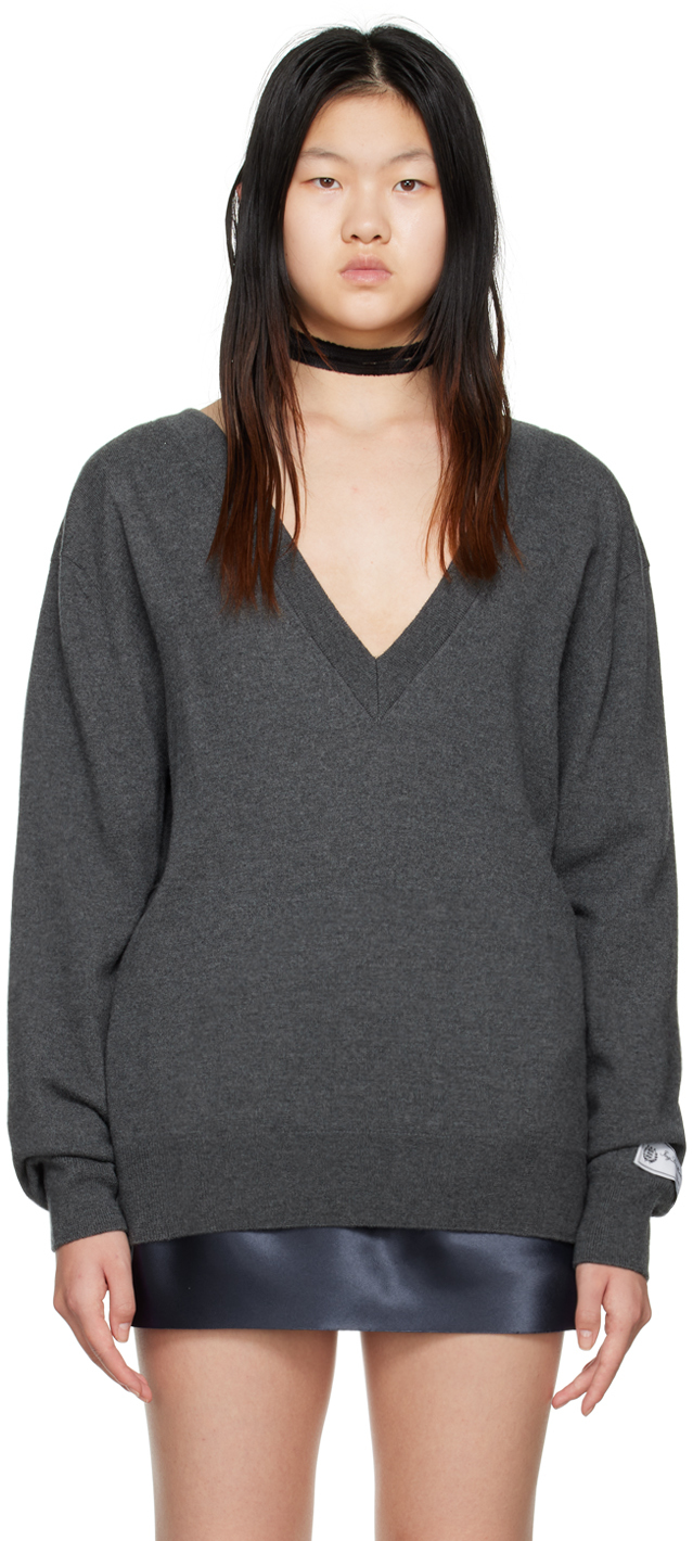 We11 Done Gray Deep V-neck Sweater In Grey