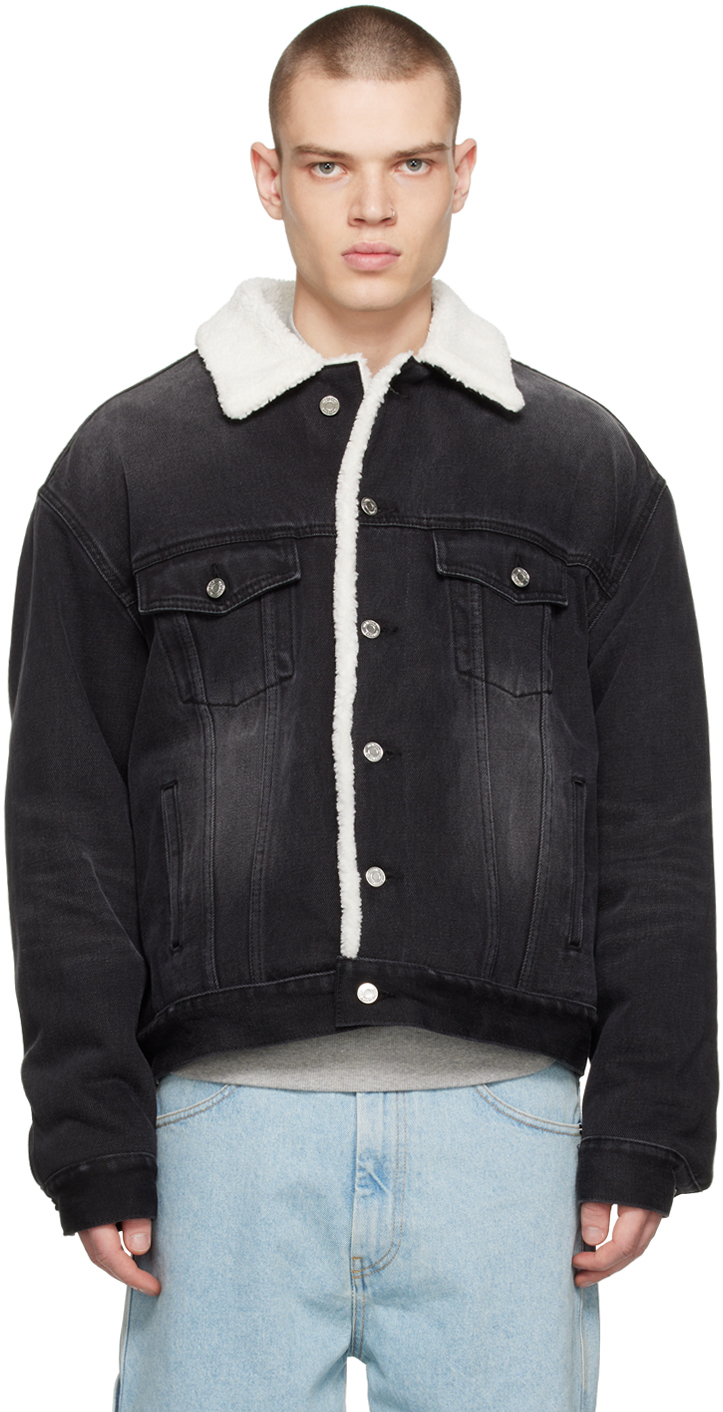 We11done Black Oversized Faux-Shearling Denim Jacket