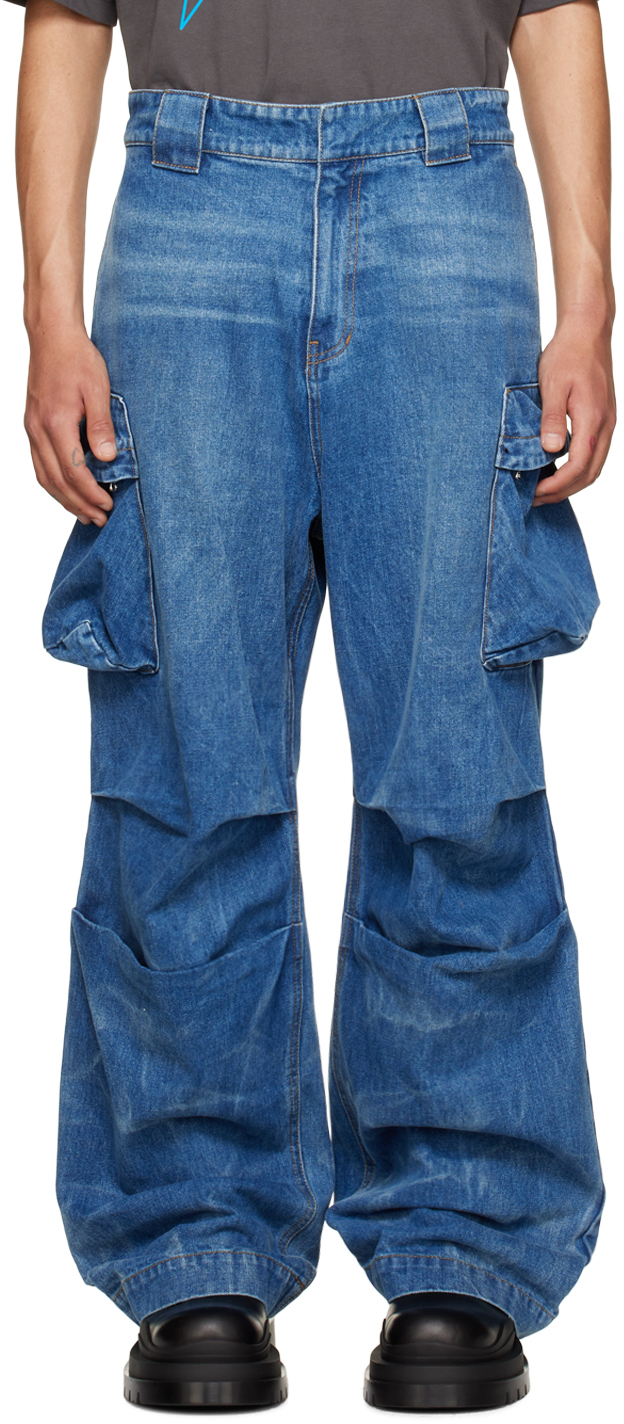 We11 Done Blue Washed Denim Cargo Trousers