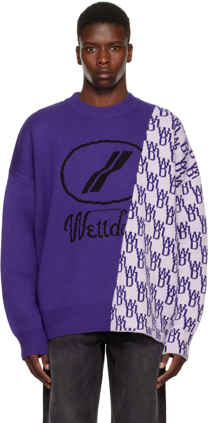 We11done: Blue Graphic Mix Sweater | SSENSE Canada