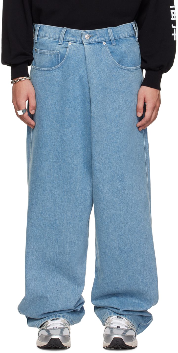 Blue Pleated Front Jeans by LU'U DAN on Sale