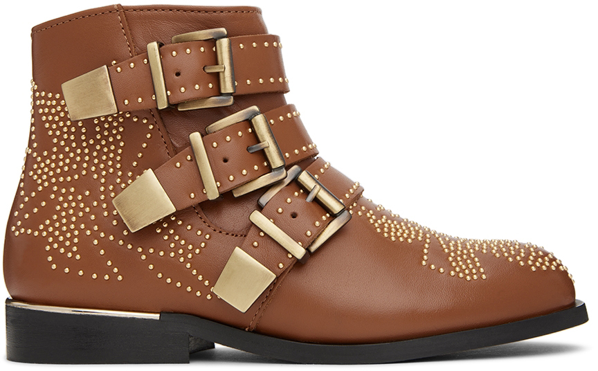 Chloé Kids Tan Studded Ankle Boots In 370 Ginger