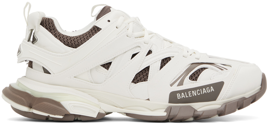 Balenciaga White & Brown Track Sneakers In Grey Eggshell