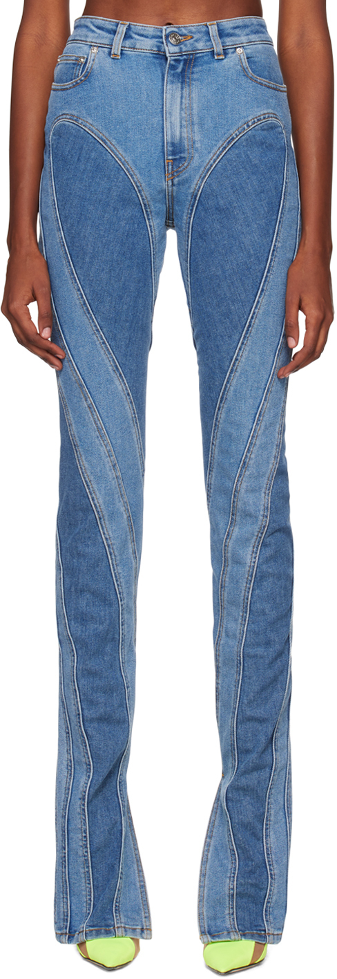 Mugler Blue Bi-Material Spiral Jeans