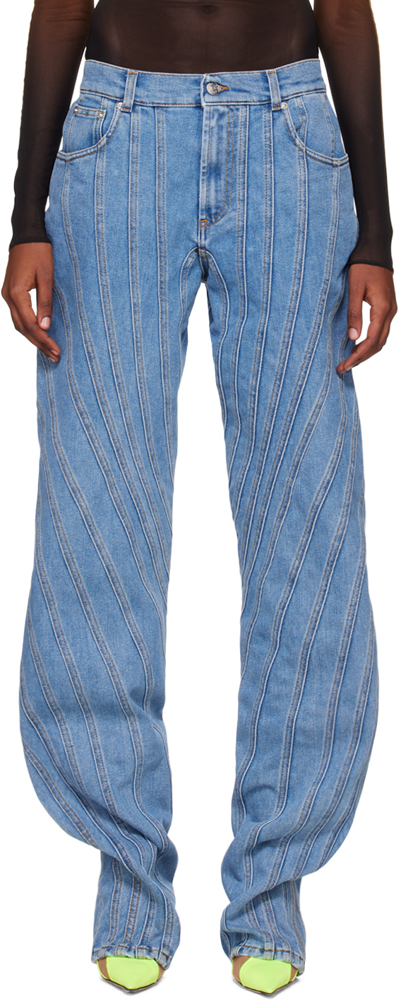 Mugler Blue Spiral Baggy Jeans In Medium Blue 6048