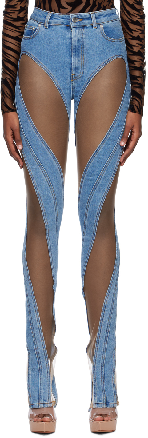 Mugler Blue Mesh Jeans In Medium Blue / Nude 0