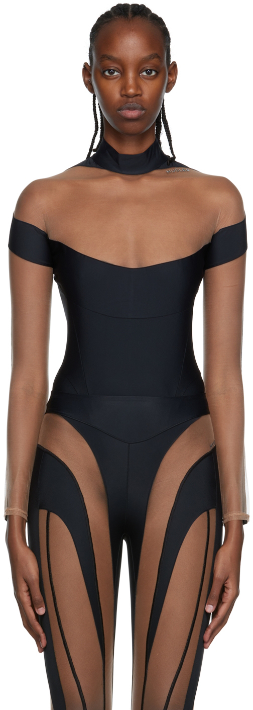 Mugler Asymmetric paneled bodysuit in Black