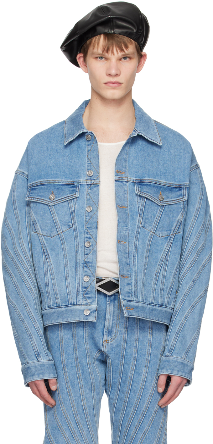 Mugler: Blue Oversized Spiral Denim Jacket | SSENSE