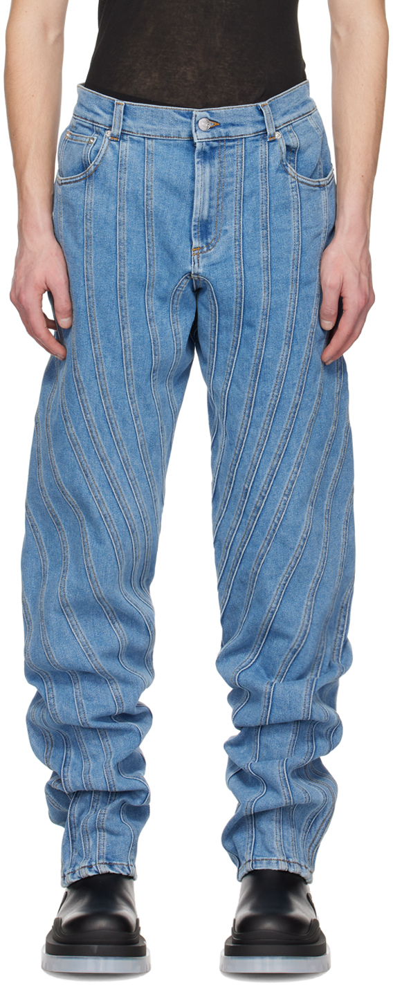 Mugler Blue Bi-material Spiral Jeans In Medium Blue 6048