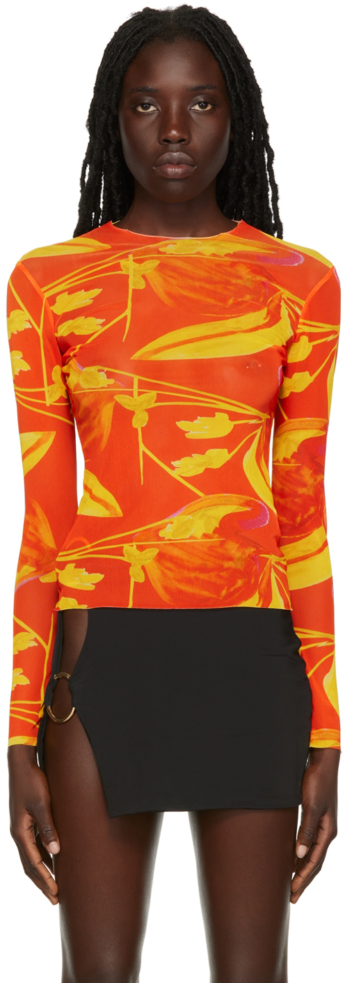 Louisa Ballou Orange Printed Long Sleeve T-Shirt