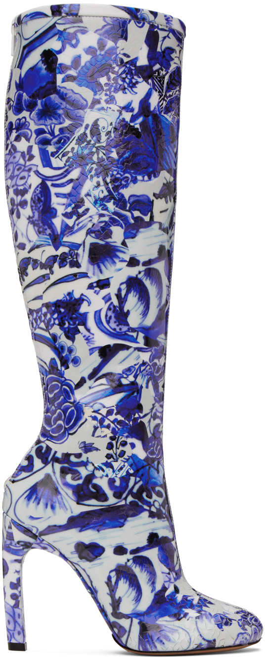 DRIES VAN NOTEN WHITE & BLUE STRUCTURED TALL BOOTS