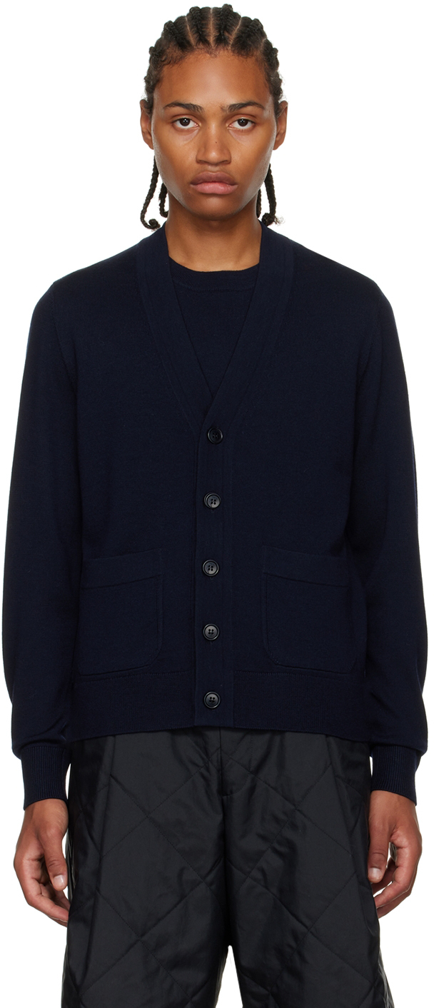 Navy Y-Neck Cardigan by Dries Van Noten on Sale