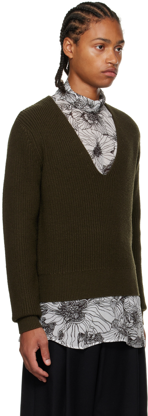 Dries Van Noten Khaki V-neck Sweater In 606 Kaki
