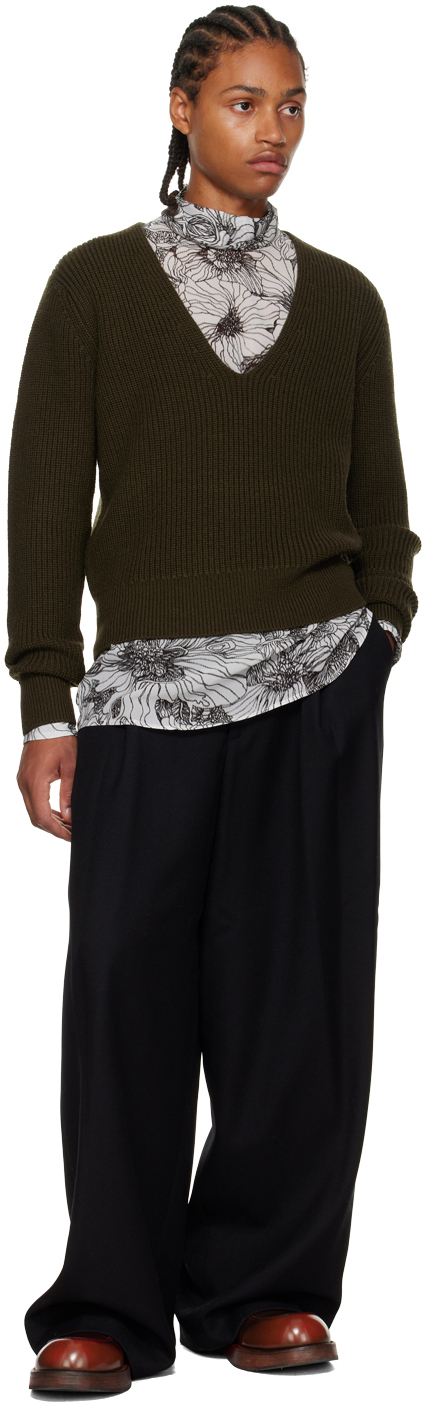 Dries Van Noten Khaki V-neck Sweater In 606 Kaki