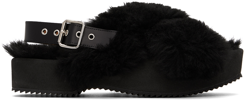 Black Fur Platform Sandals