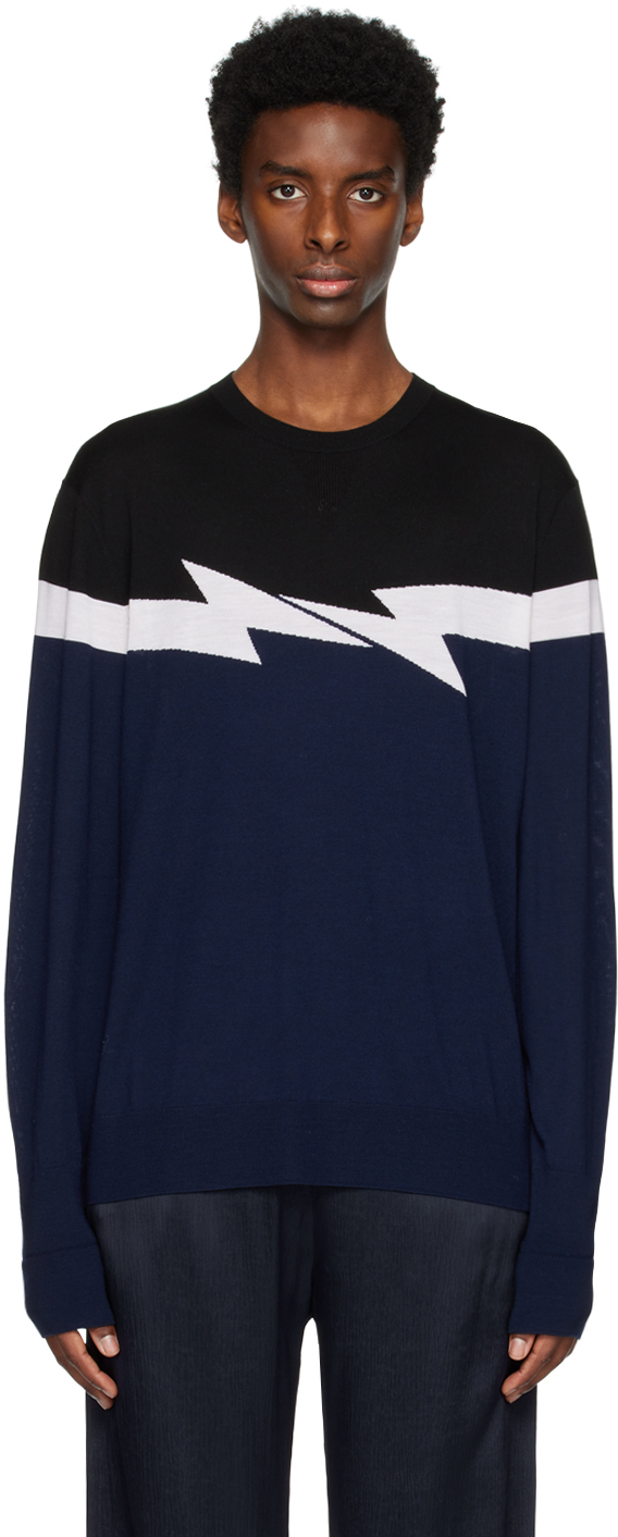 Shop Neil Barrett Navy Horizontal Bolt Sweater In 3446 Dkink/ofw/blk