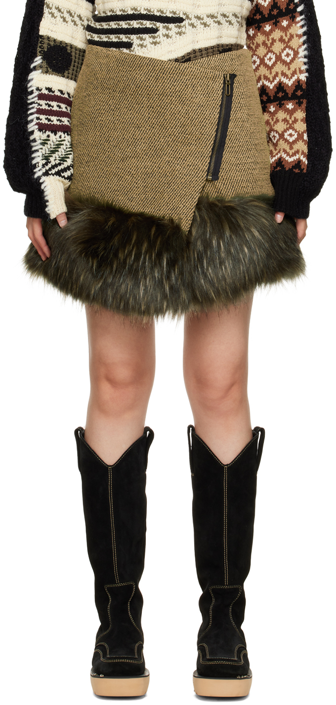 Andersson Bell Khaki Faux-Fur Wrap Skirt