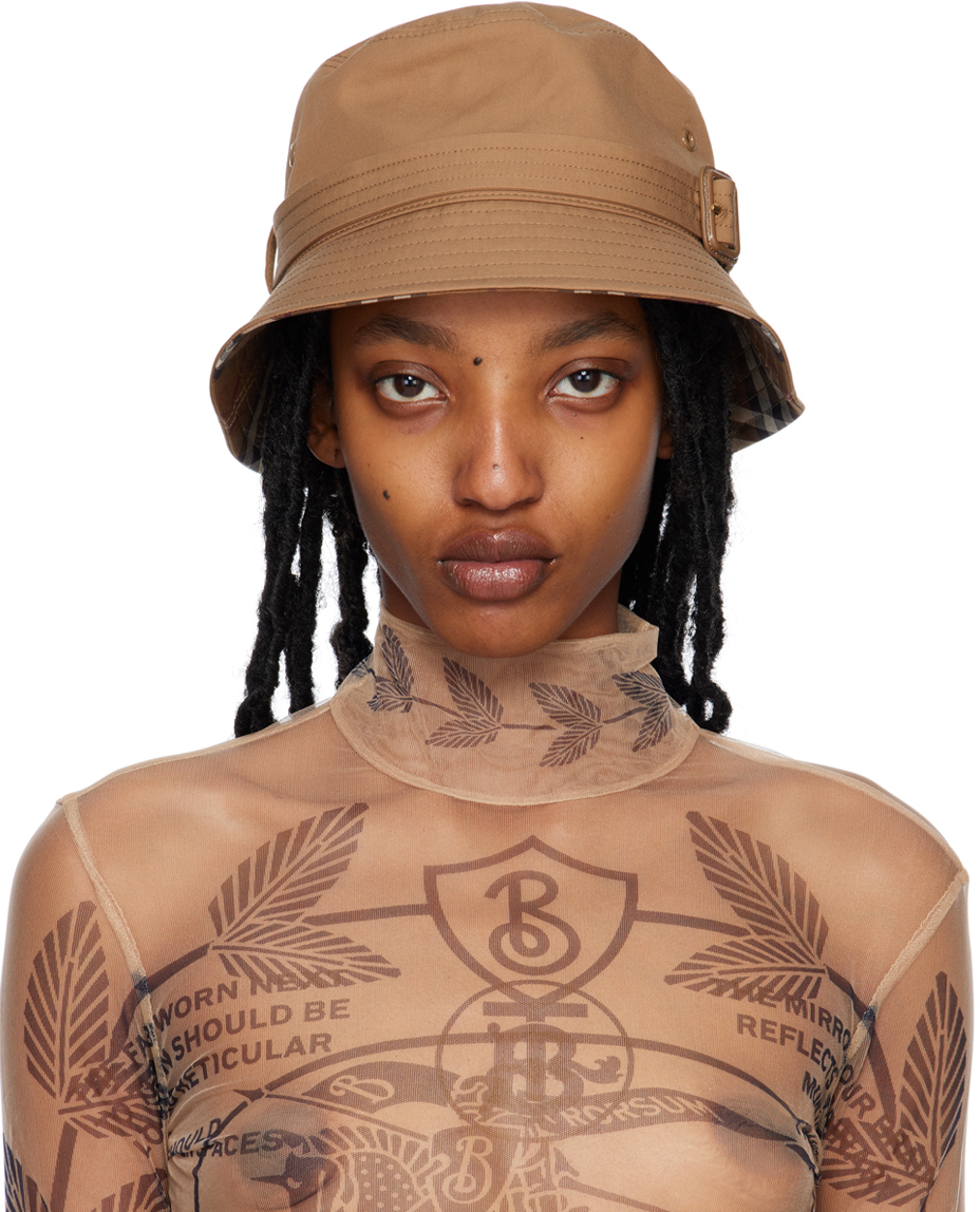 Burberry Buckled Reversible Check Cotton Bucket Hat In Dusty Caramel