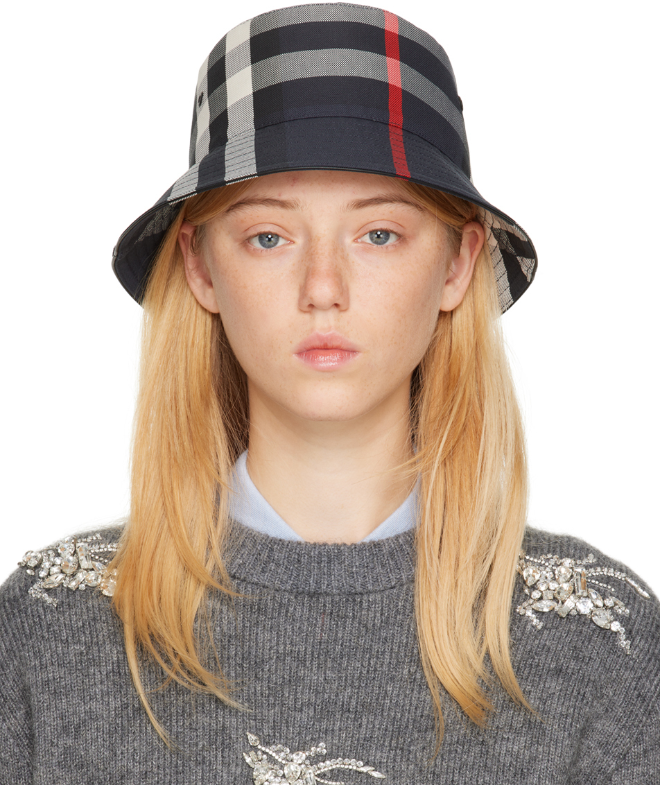 Burberry: Navy Exaggerated Check Bucket Hat | SSENSE