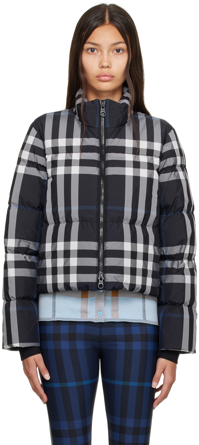 Burberry: Navy Night Check Cropped Down Puffer Jacket | SSENSE Canada