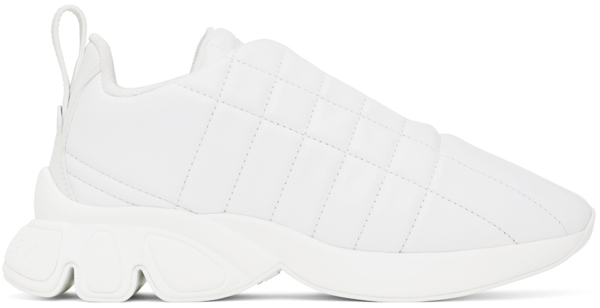 White Quilted Leather Sneakers by Burberry on Sale