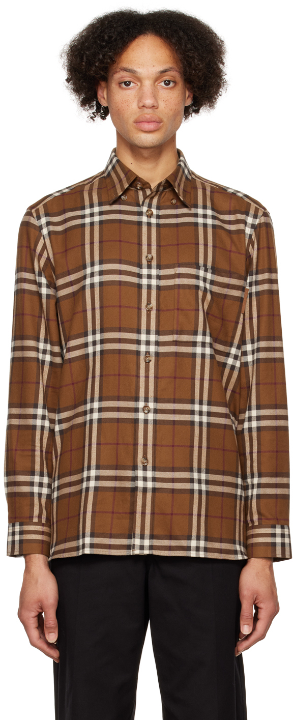 Shop Burberry Brown Button-down Collar Shirt In Birch Brown Ip Chk
