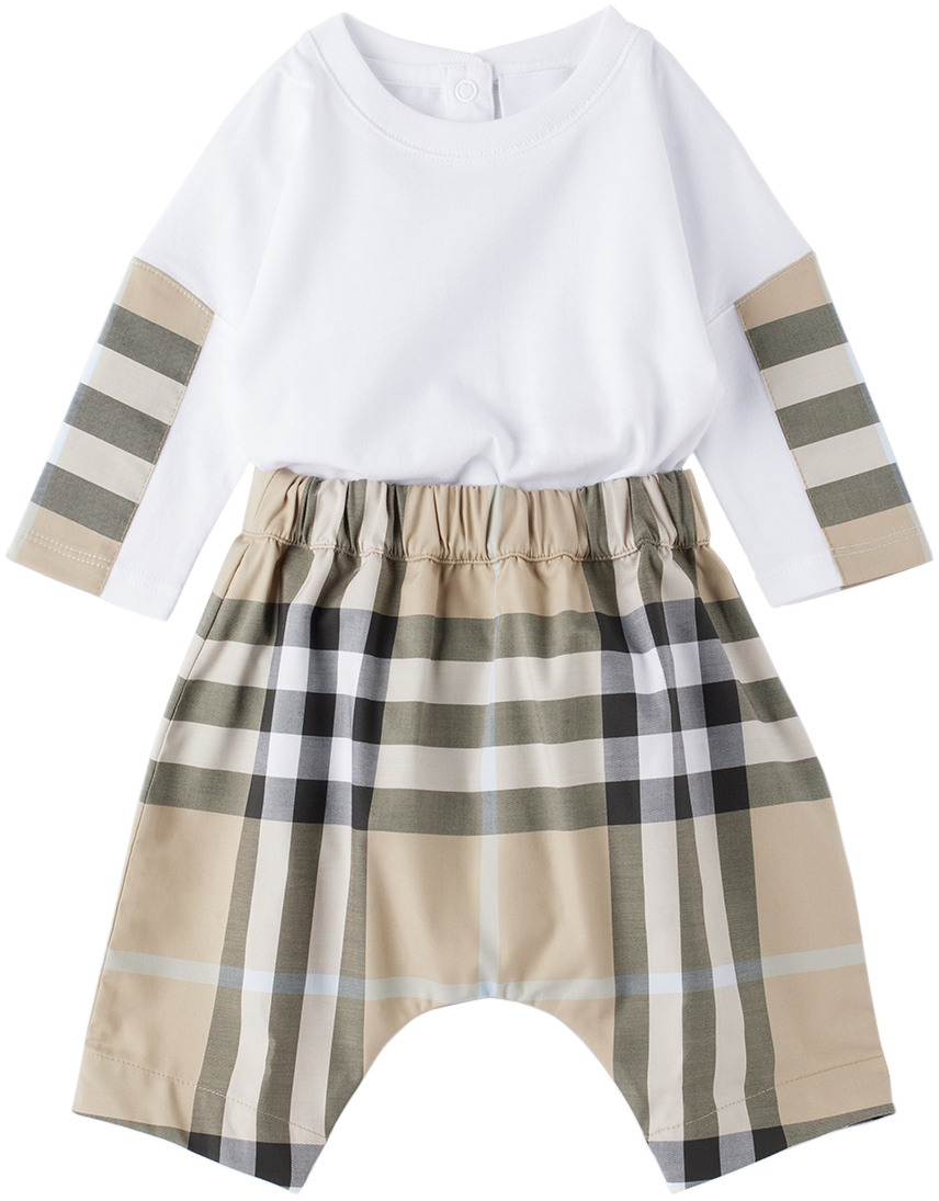 Shop Burberry Baby Beige Check Bodysuit & Trousers Set In Pale Sand Ip Check