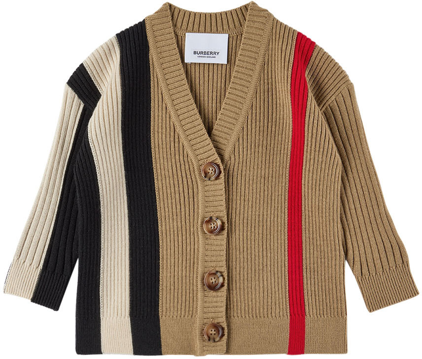 Burberry Baby Beige Wool Stripe Cardigan In Brown