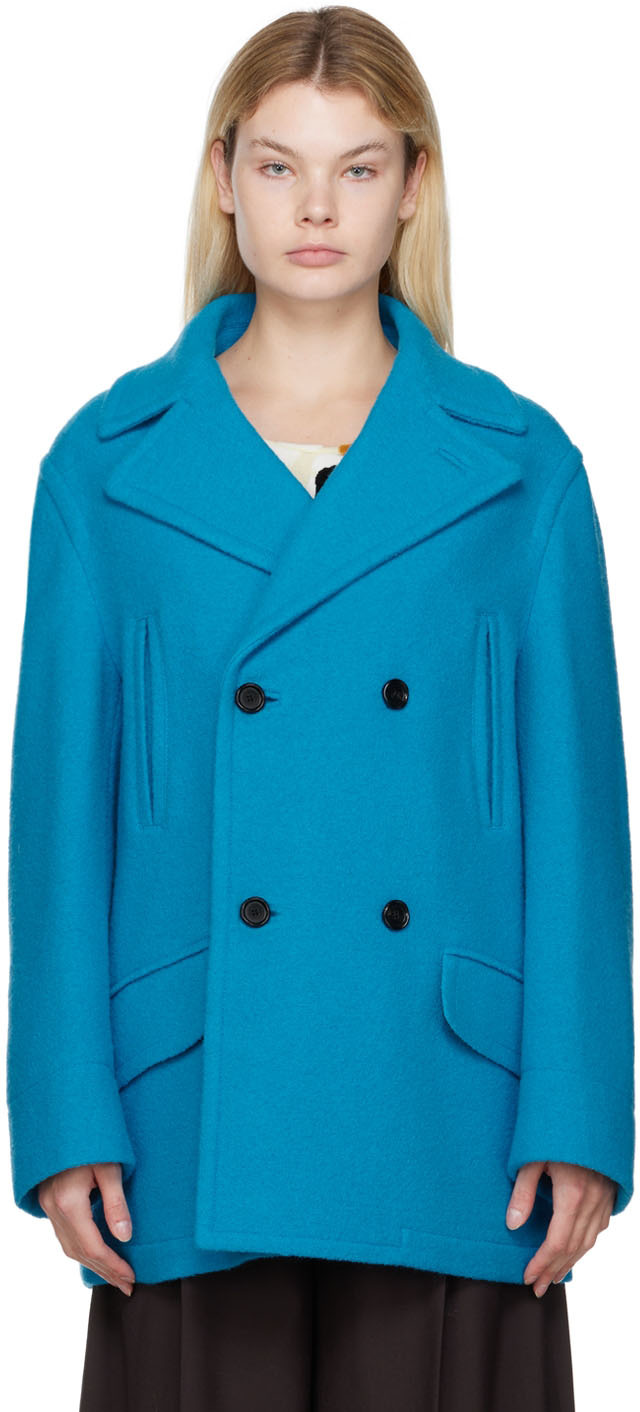 Marni: Blue Double-Breasted Coat | SSENSE Canada