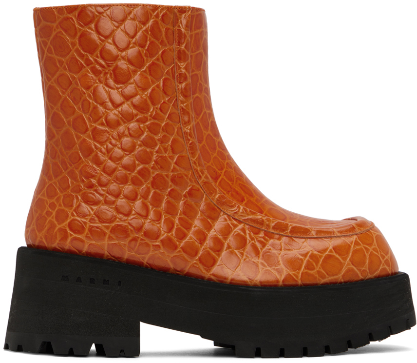 Green Croc-Embossed Platform Ankle Boots