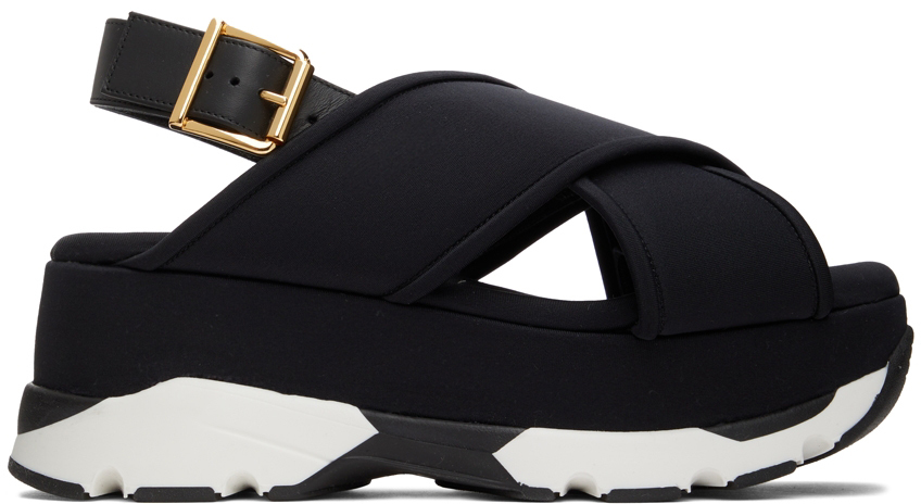 Marni Black Sporty Crossed Wedge Sandals