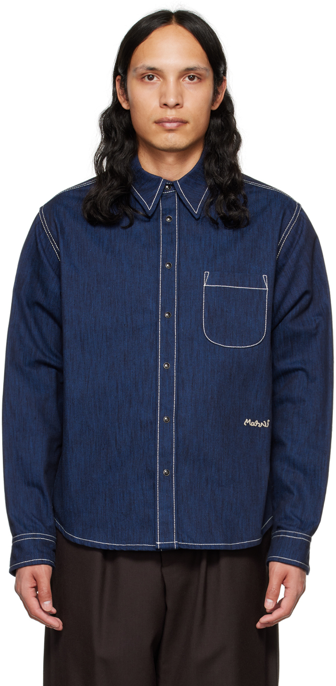 Marni: ブルー 刺繍 デニムシャツ | SSENSE 日本