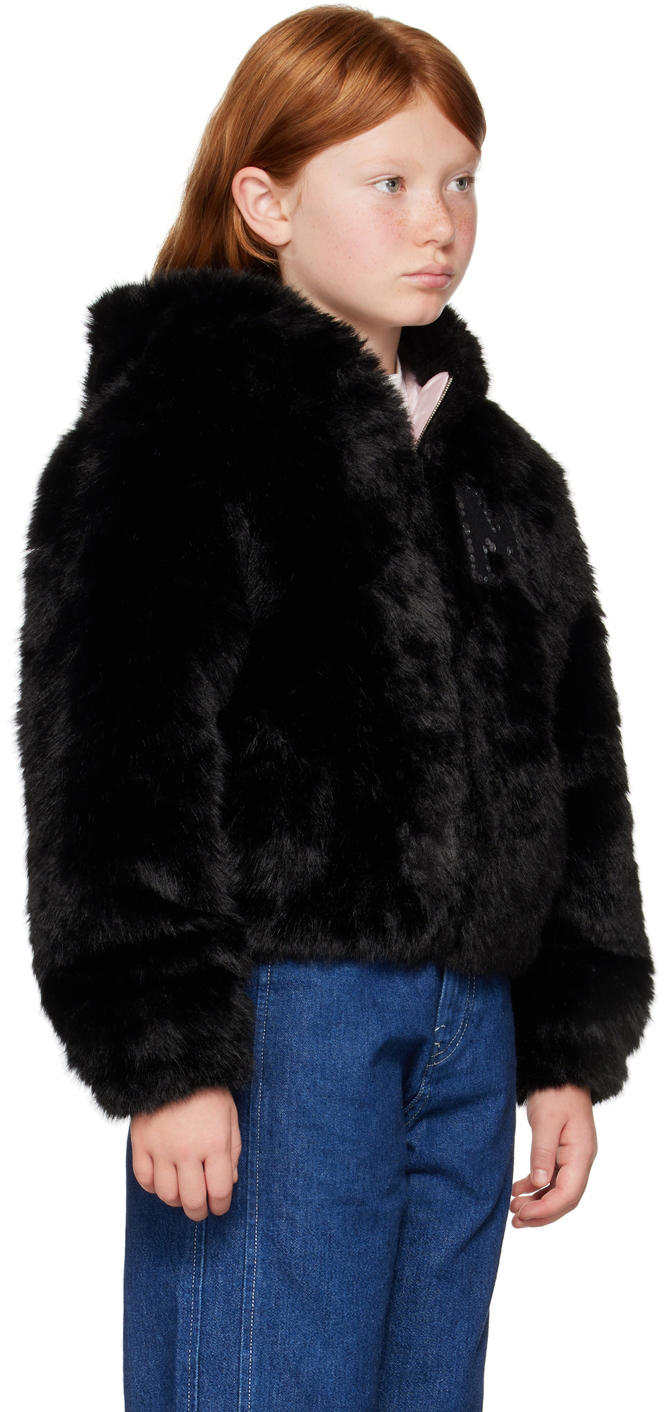 MARNI KIDS BLACK FAUX-FUR 'M' PATCH JACKET 