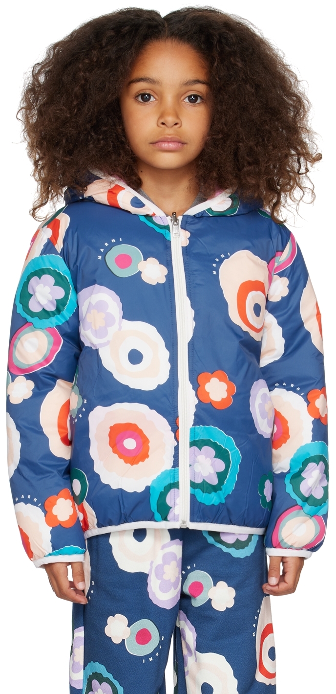 Marni Hooded Floral Print Jacket In Blue