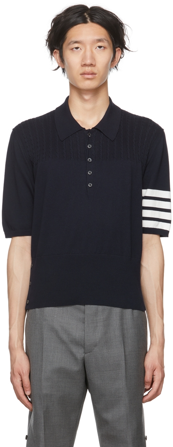 Thom Browne 4 Bar Cabled Yoke Polo In Blue