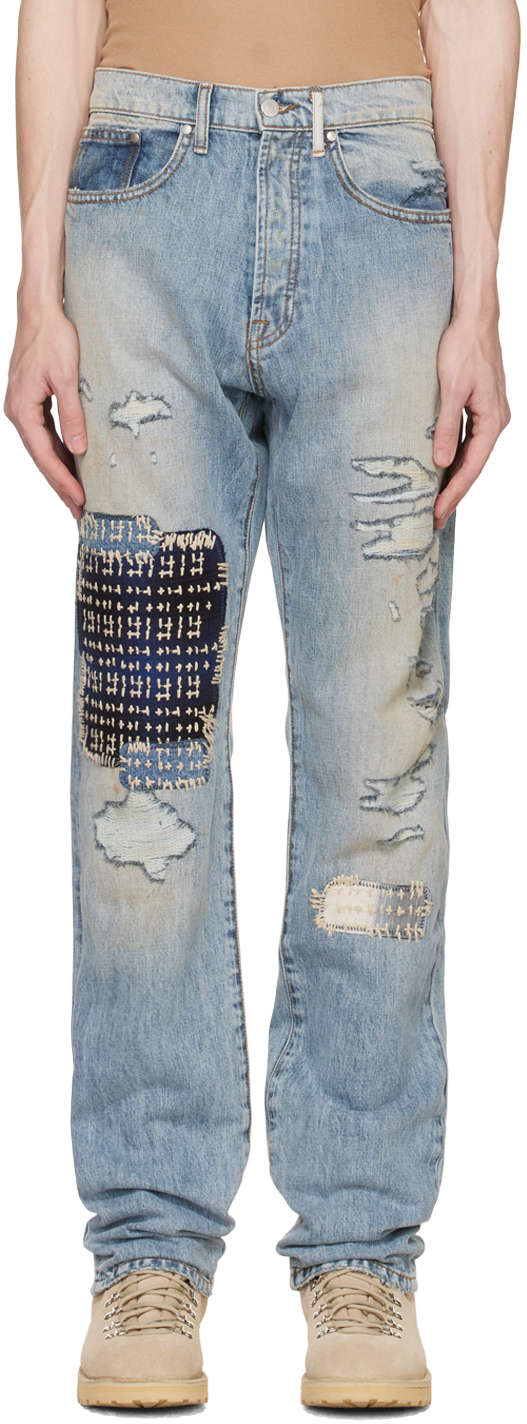 Blue Patchwork Denim Jeans Low Rise